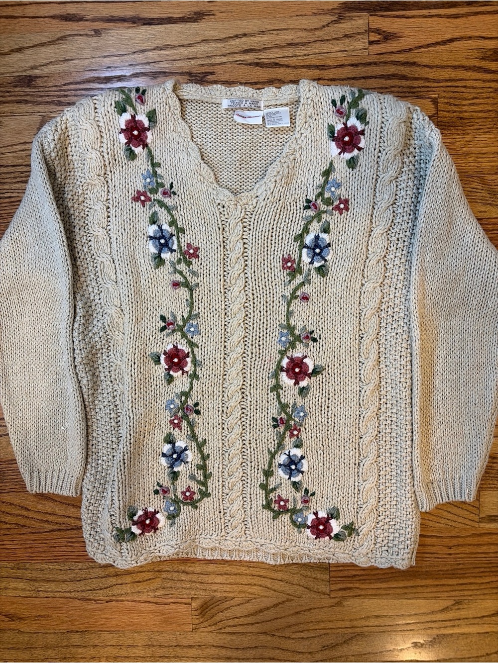 Vintage Bobbie Brooks Cream Knit Floral Embroidery Pullover Sweater Grannycore